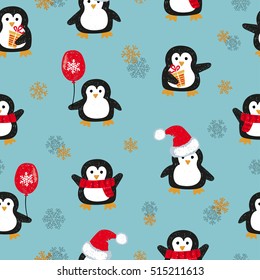 Seamless pattern with cute Christmas penguins. Vector holiday background.