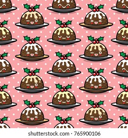 Seamless pattern with cute Christmas pudding characters. Endless texture for festive design, broshure, flyer and decoration.