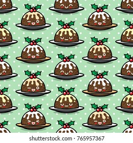 Seamless pattern with cute Christmas pudding characters. Endless texture for festive design, broshure, flyer and decoration.