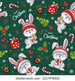 Seamless Pattern Cute Christmas Rabbit Santa Claus, Cute Cartoon Illustration