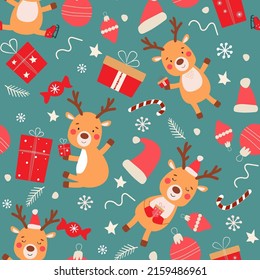Seamless pattern of cute Christmas reindeer with gifts, skating in mittens and Santa hats. New Year's animals. Vector graphics.