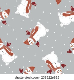 Seamless pattern with cute Christmas snowmen and sweets on a white background for textiles, scrapbooking paper, cards.