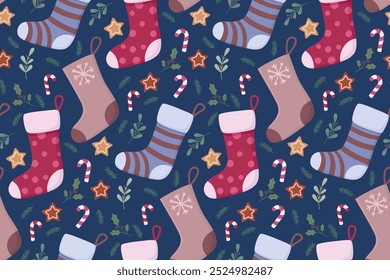 Seamless pattern with cute Christmas stockings. Hand drawn blue background with colorful holiday socks, plants and sweets