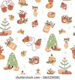 Nahtloses Muster mit süßen Weihnachtssymbolen auf weißem Hintergrund. Kann für Tapete, Geschenkverpackung, Druck auf Stoff verwendet werden.Vektorgrafik. Schöner Hintergrund für das neue Jahr.