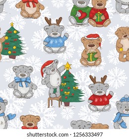 seamless pattern with cute christmas teddy bears