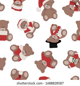 Seamless pattern with cute christmas teddy bears, baby animals flat vector illustration.