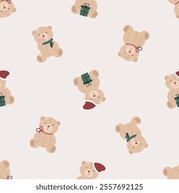 Seamless pattern with cute Christmas teddy bear. Flat vector background. Christmas design. Creative texture for fabric, wrapping, textile, wallpaper, apparel.