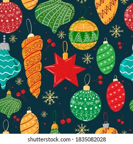 seamless pattern of Cute Christmas Treasures background with hand drawn Christmas balls and confetti for your decoration