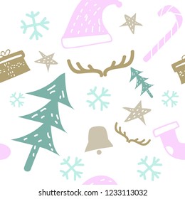 seamless pattern with cute christmas tree, bells, hats, horns. Hand Drawn Scandinaviann style childish texture for fabric, textile, apparel, nursery decoration. Vector illustration