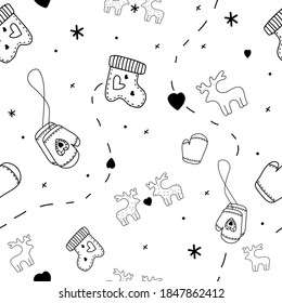 Seamless Pattern with cute Christmas tree toys, hearts, snowflakes, socks for gifts, mittens, deer. Black and white illustration vector isolated on white background. Coloring. Winter holiday. 