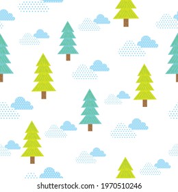 Seamless pattern with cute Christmas tree in simple cartoon style,Winter vector seamless pattern with cute  Christmas tree and Christmas decorations, Seamless pattern for Fashion print design