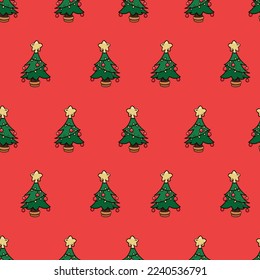 Patrón sin inconvenientes con un lindo vector de garabatos de árbol de Navidad