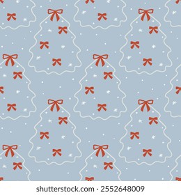 Seamless pattern with cute christmas tree, bows and snowflakes. Holiday retro vector background