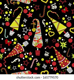 Seamless pattern with cute Christmas trees, hearts, balls, Christmas toys and stars on a black background. Cute pattern for Christmas and new year.