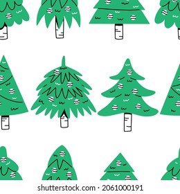Seamless pattern with cute Christmas trees in doodle style. Vector Christmas illustration background. Merry Christmas.