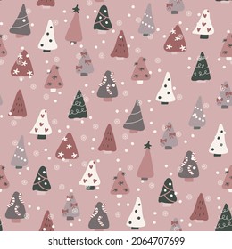 Patrón sin foco de adorables árboles de Navidad con copos de nieve en un fondo rosado. Para diseños de Año Nuevo y Navidad. Feliz año nuevo. Ilustración vectorial. Destituido A Mano. Diseño plano.