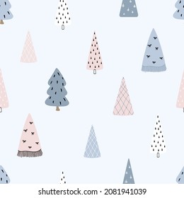 Seamless pattern of cute Christmas trees to create greeting cards. Colorful vector illustration in flat doodle style.