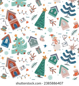 Seamless pattern with cute Christmas trees, houses, snowflakes and other elements.