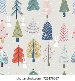  seamless pattern with cute  christmas trees and white rabbit. Hand drawn vector illustration.