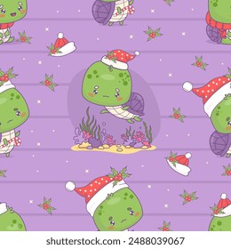 Seamless pattern with cute Christmas turtle in Santa hat on purple striped background with holly. New Year little cartoon kawaii animal character. Vector illustration. Kids collection