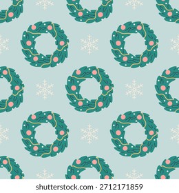 Seamless pattern with cute Christmas wreath. Festive winter holiday design for Christmas, New Year. Perfect for banner, wallpaper, wrapping paper, background, card, poster. Vector illustration