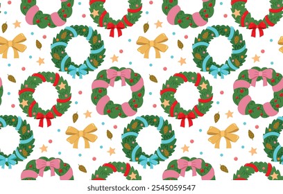 Seamless pattern with cute Christmas wreaths and decorations. Colorful flat background with holiday elements