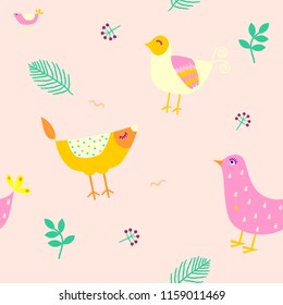 Seamless pattern with cute chrysanthemums and chickens. Vector.