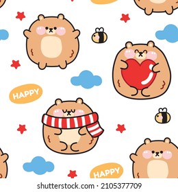 Seamless pattern of cute chubby bear with bee,cloud,star on white background.Image for card,poster,baby product.Repeat.Kawaii.Vetor.Illustration.