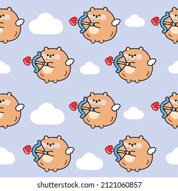 Seamless pattern of cute chubby bear cupid on sky background.Animal character design.Valentine's day.Kawaii.Vector.Illustration.