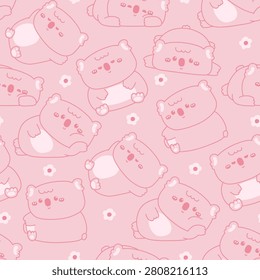 Seamless pattern cute chubby cartoon koalas and little flowers on pastel pink background. Kawaii doodle wildlife mammal animal monochrome pastel pink adorable fat koala bears. for baby girl apparel and textile print. Vector illustration