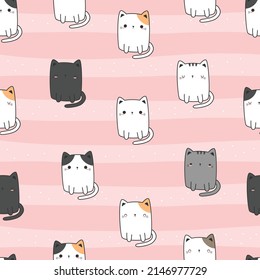 Patrón sin foco con dibujos de gatos gordos adorables sobre fondo rosado