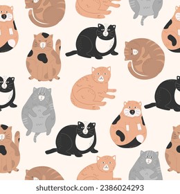 Patrón sin foco con gatos gordos adorables. Textura chilena. Para imprimir en tela, productos para niños. Ilustración vectorial.