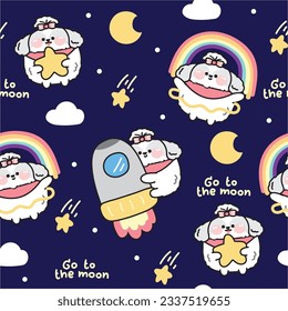 Seamless pattern of cute chubby dog in galaxy concept background.Space concept.Fat pet animal character cartoon design.Baby clothing.Kawaii.Vector.Illustration.