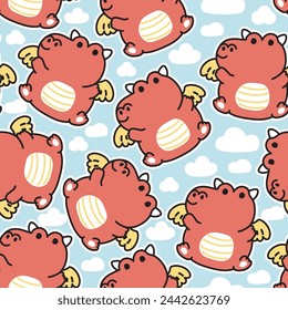 Seamless pattern of cute chubby dragon with cloud on sky background.Chinese animal character cartoon design.Image for card,poster,baby clothing.Kawaii.Vector.Illustration.