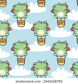 Seamless pattern of cute chubby dragon balloon with cloud on sky background.Chinese animal character cartoon design.Image for card,poster,baby clothing.Dinosaur.Kawaii.Vector.Illustration.