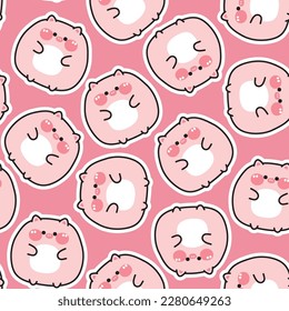 Seamless pattern of cute chubby fat pig sticker on pink background.Farm animal character cartoon design.Baby clothing.Kawaii.Vector.Illustration.