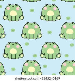 Seamless pattern of cute chubby frog sit on river with leaf background.Reptile funny animal character cartoon design.Baby clothing.Kawaii.Vector.Illustration.