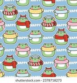 Seamless pattern of cute chubby frog in winter clothing with happy text on blue background.Reptile animal character cartoon design.Image forcard,poster,baby clothing, christmas.Vector.Illustration