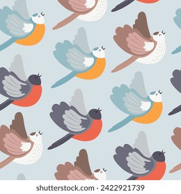 Seamless pattern with cute chubby local birds, flying and chirping. Hand drawn vector illustration