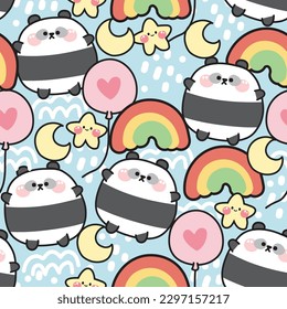 Seamless pattern of cute chubby panda with rainbow and balloon on blue background.Wild animal character cartoon design.Repeat.Kawaii.Vector.Illustration. 