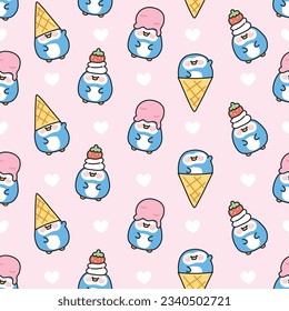 Seamless pattern of cute chubby penguin in ice cream and sweet dessert concept with heart.Bird funny animal character cartoon design.Kawaii.Vector.Illustration.