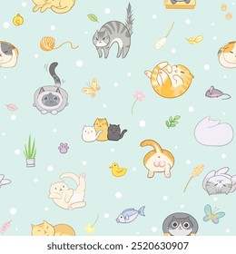 Seamless pattern of a cute, chubby, and playful hand-drawn cats on a mint blue background. for baby fashion, fabric prints. Vector texture