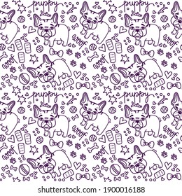 Seamless pattern with cute chubby puppy and dog toys. Hand drawn vector doodles. Could be used as background for kids items, for design children clothes, sleepwear, etc.