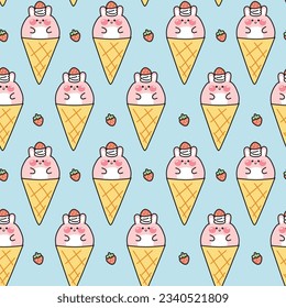 Seamless pattern of cute chubby rabbit ice cream strawberry background.Bunny hand drawn.Sweet.Dessert.Baby clothing.Kawaii.Vector.Illustration.