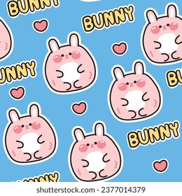 Seamless pattern of cute chubby rabbit with text and heart on blue background.Rodent animal character cartoon design.Fat bunny hand drawn.Kawaii.Vector.Illustration.