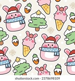 Seamless pattern of cute chubby rabbit with christmas icon background.Rodent animal character cartoon design.Bunny.Carrot.Ice cream.Kawaii.Vector.Illustration.