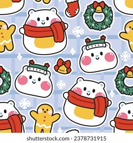 Seamless pattern of cute chubby white bear in merry christmas concept.Wild animal character cartoon design.Winter.Image for card,poster,new year,baby clothing.Kawaii.Vector.Illustration.