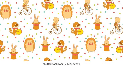 Seamless pattern with cute circus animals. Childish hand drawn vector background for kids.