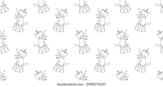 Seamless pattern with cute circus cat. Childish hand drawn monochrome allover background.