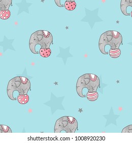 Seamless pattern with cute circus elephants. Vector illustration for kids design.